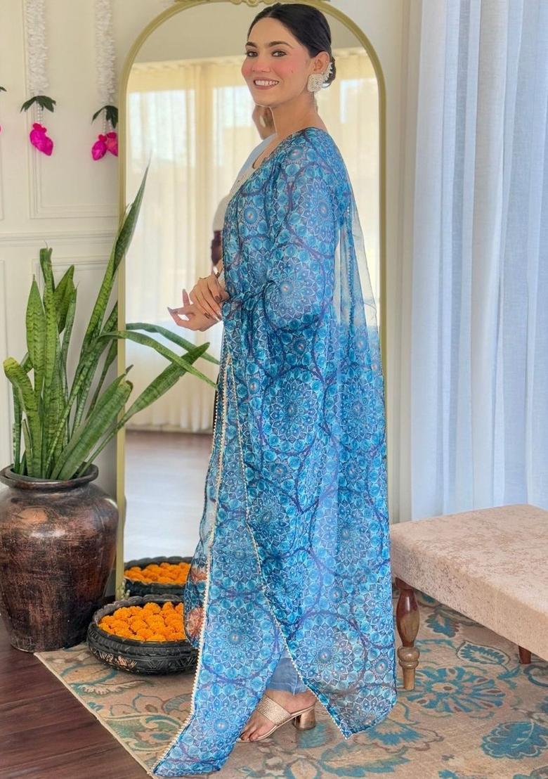 Blue Embroidered Viscose Kurta Set - Indya