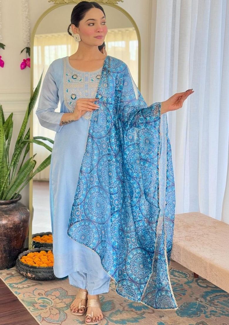 Blue Embroidered Viscose Kurta Set - Indya