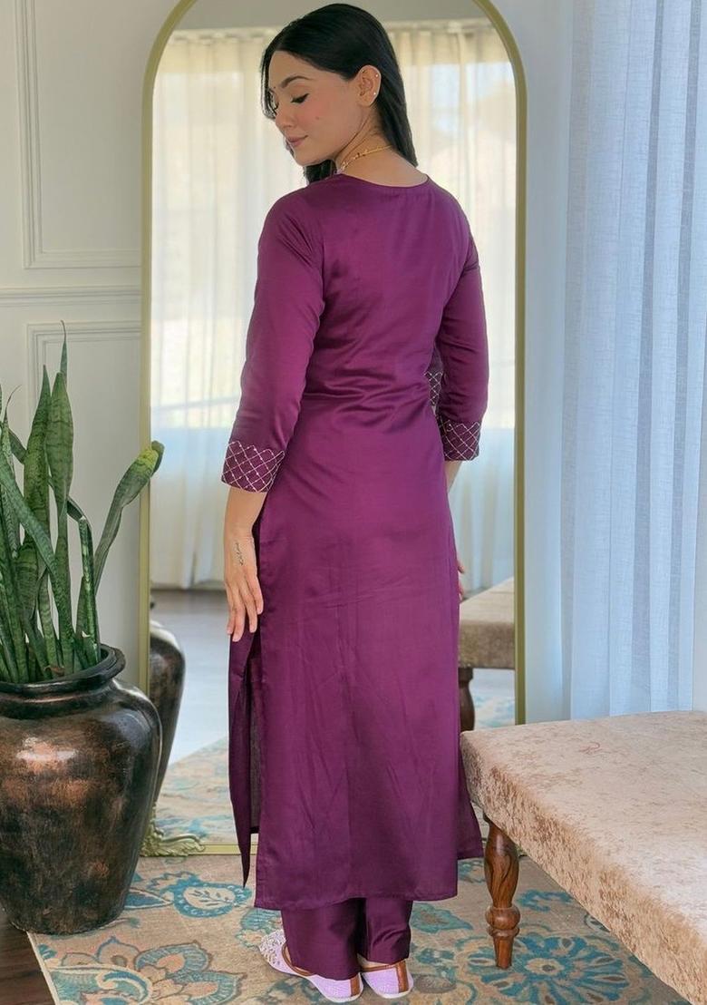 Maroon Embroidered Viscose Kurta Set - Indya