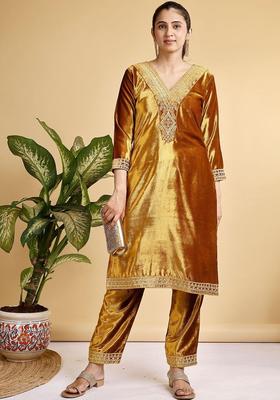Gold Embroidered Velvet Kurta Set