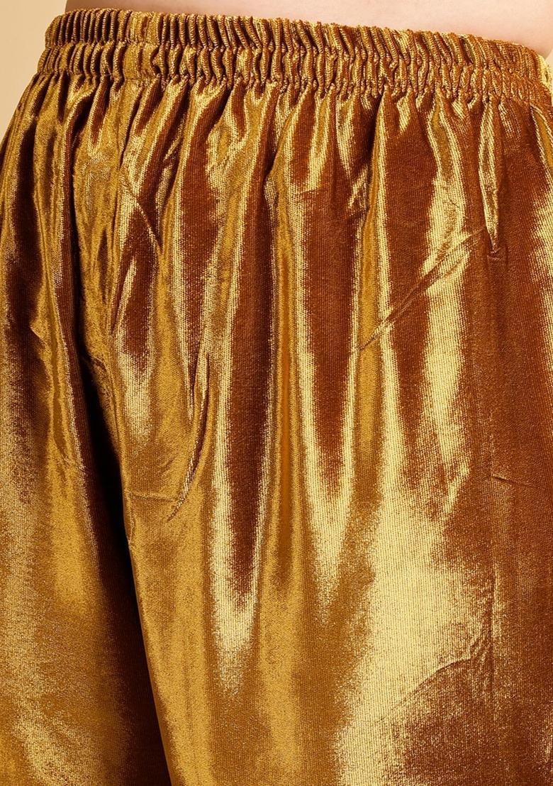 Gold Embroidered Velvet Kurta Set - Indya