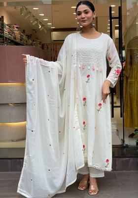 Off White Embroidered Silk Kurta Set