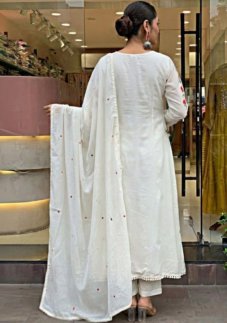 Off White Embroidered Silk Kurta Set - Indya