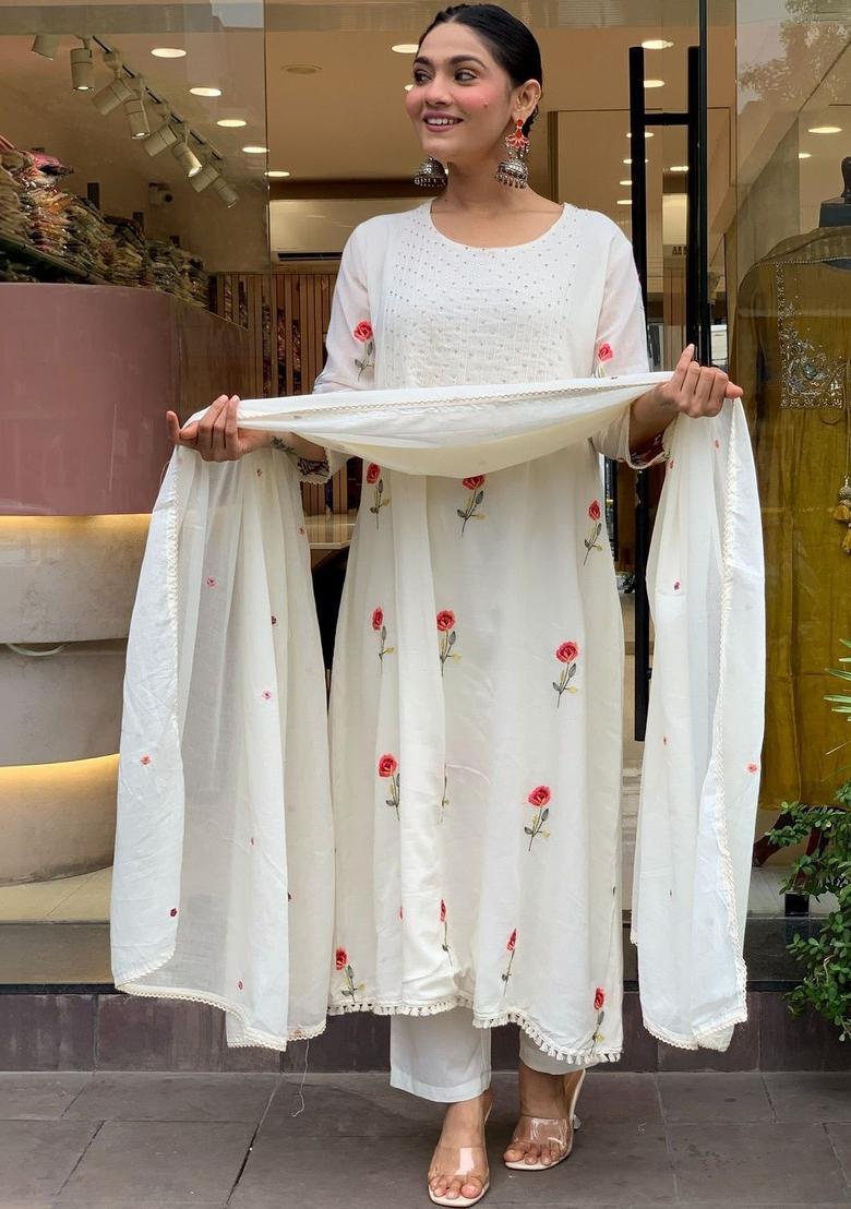Off White Embroidered Silk Kurta Set - Indya