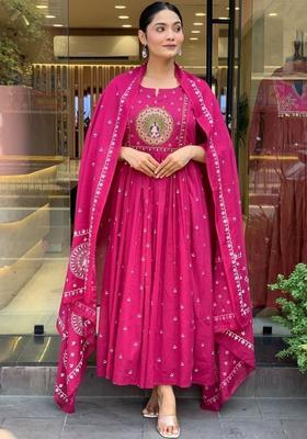 Fuchsia Printed Silk Kurta Set