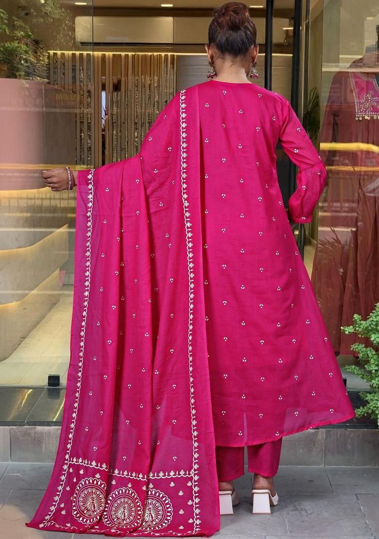 Fuchsia Printed Silk Kurta Set - Indya