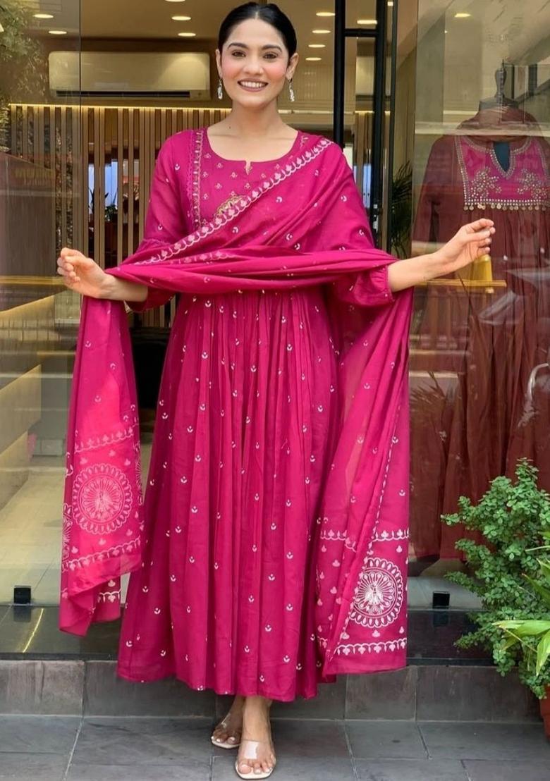 Fuchsia Printed Silk Kurta Set - Indya