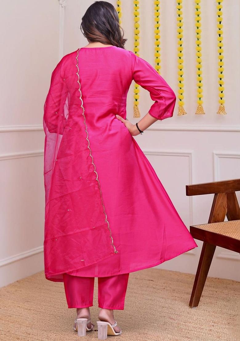 Pink Embroidered Silk Kurta Set - Indya