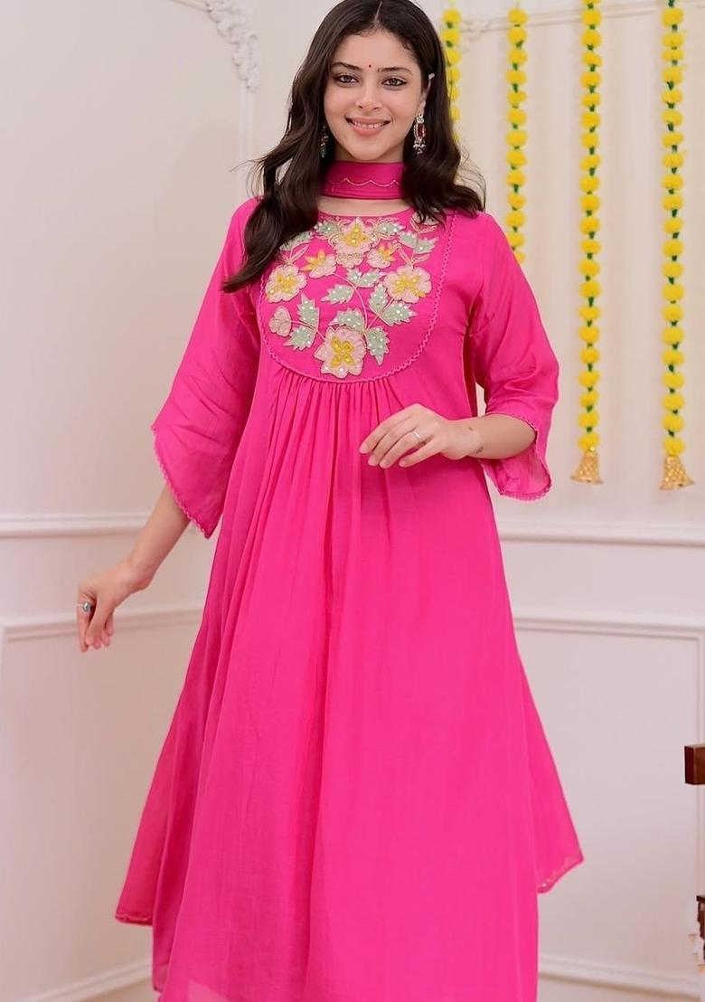 Pink Embroidered Silk Kurta Set - Indya