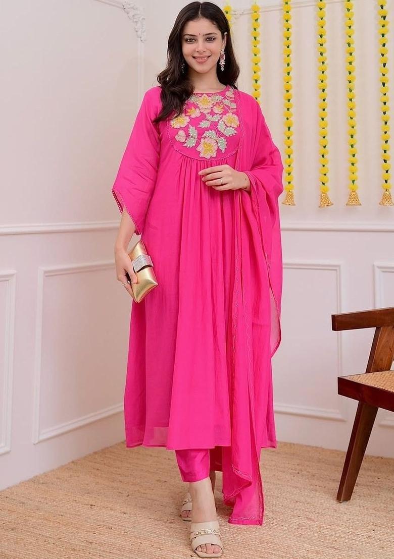 Pink Embroidered Silk Kurta Set - Indya