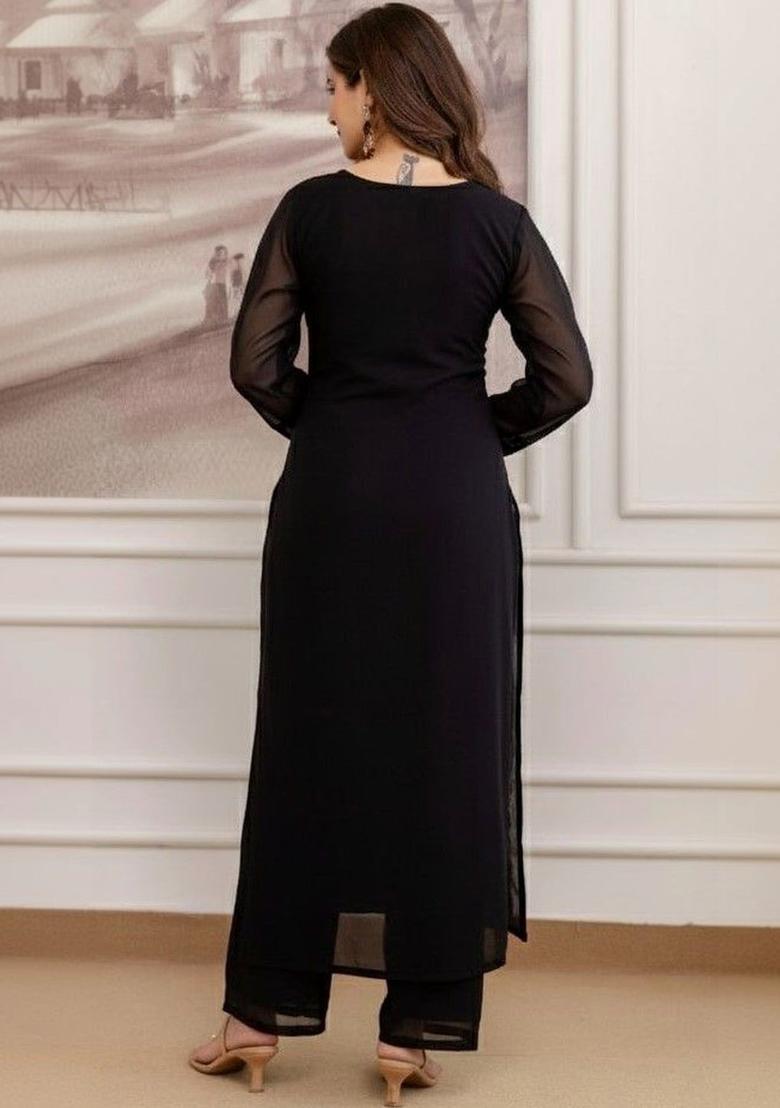 Black Embroidered Georgette Kurta Set - Indya