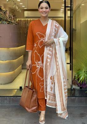 Orange Printed Viscose Kurta Set