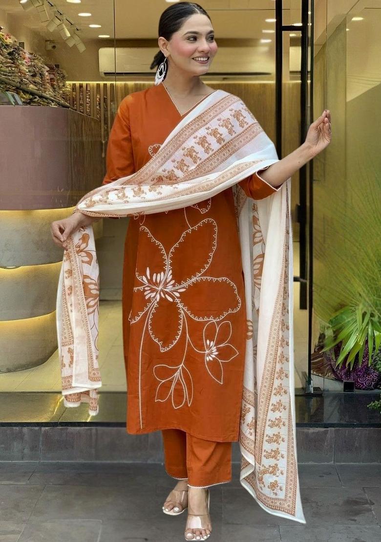 Orange Printed Viscose Kurta Set - Indya