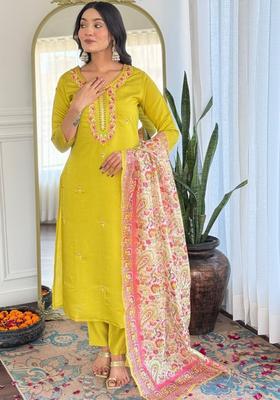 Lime Green Embroidered Viscose Kurta Set