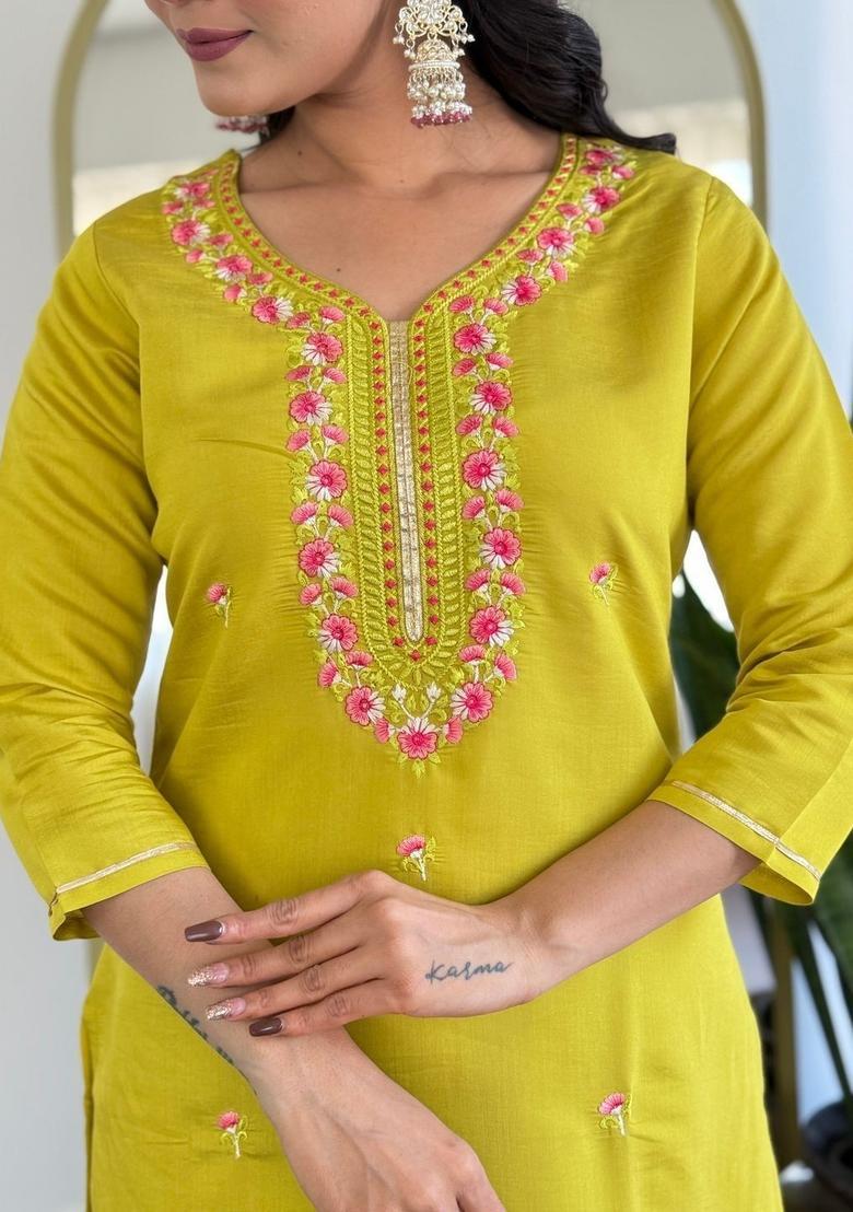 Lime Green Embroidered Viscose Kurta Set - Indya