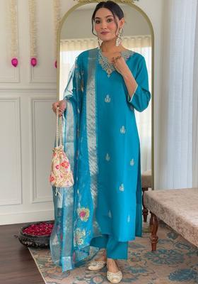 Turquoise Blue Embroidered Viscose Kurta Set