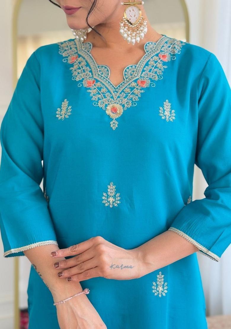Turquoise Blue Embroidered Viscose Kurta Set - Indya