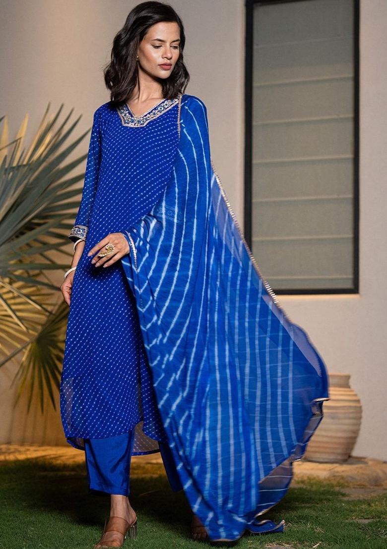 Blue Printed Georgette Kurta Set - Indya