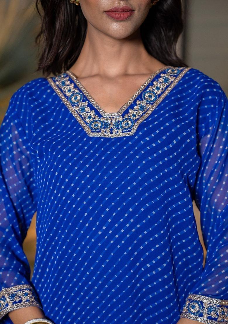 Blue Printed Georgette Kurta Set - Indya