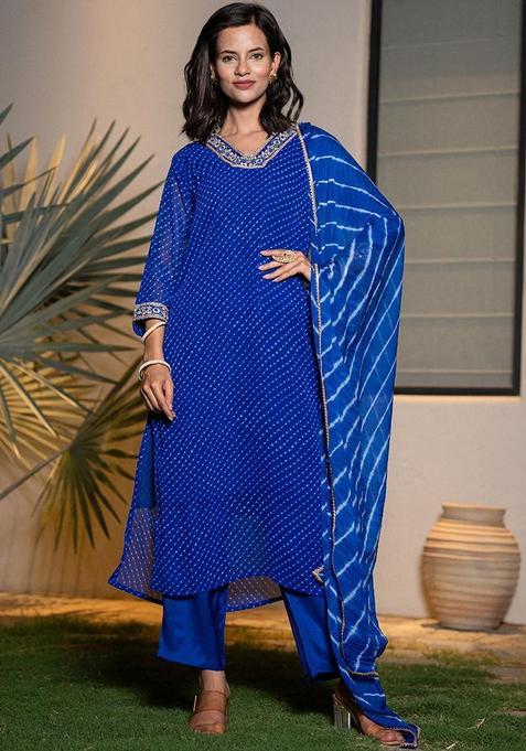 Blue Printed Georgette Kurta Set — view on Indya