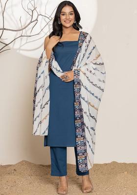 Navy Blue Solid Cotton Kurta Set