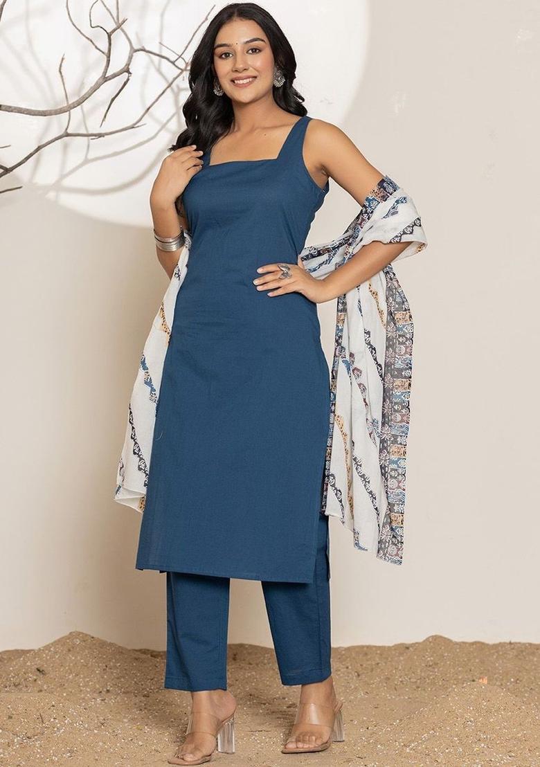 Navy Blue Solid Cotton Kurta Set - Indya