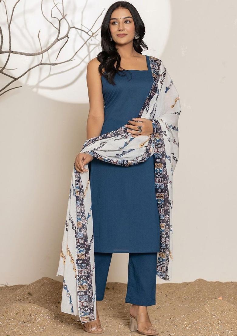 Navy Blue Solid Cotton Kurta Set - Indya