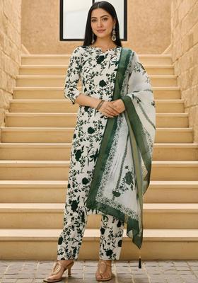 Off White Printed Silk Kurta Set