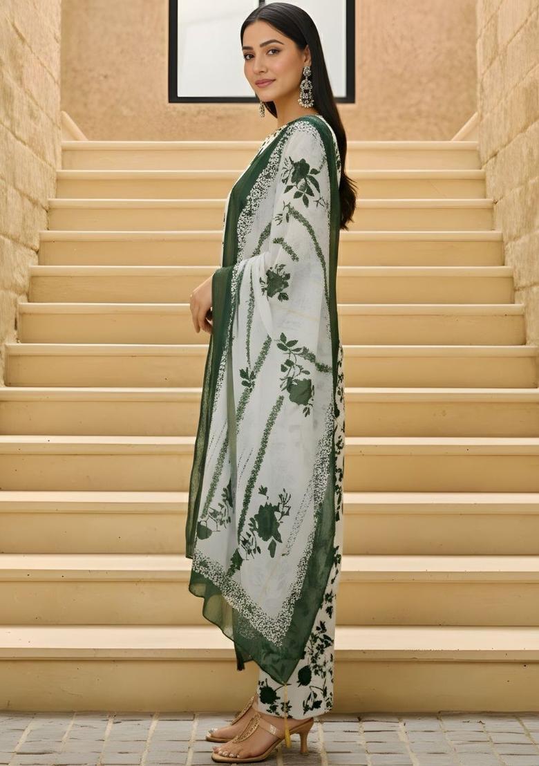 Off White Printed Silk Kurta Set - Indya