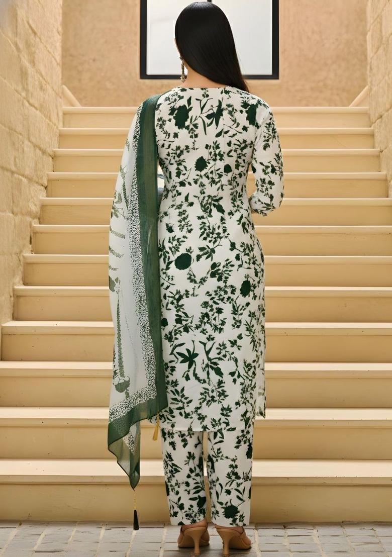 Off White Printed Silk Kurta Set - Indya