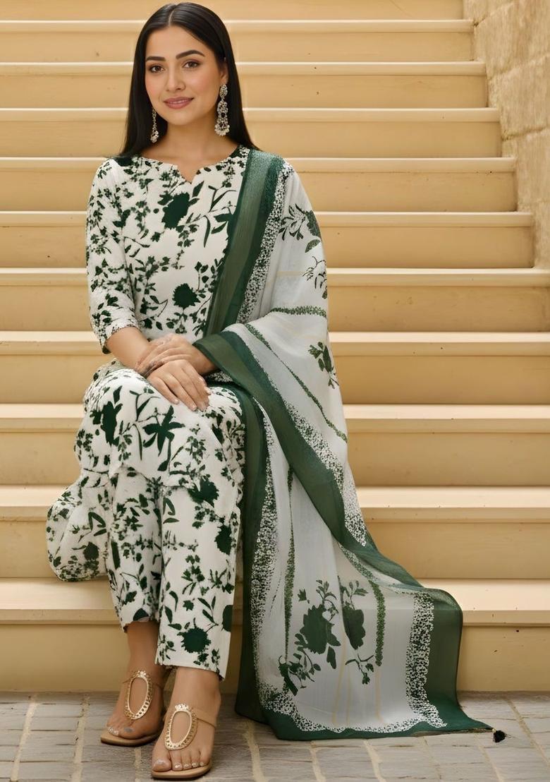 Off White Printed Silk Kurta Set - Indya