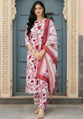 White Printed Silk Kurta Set