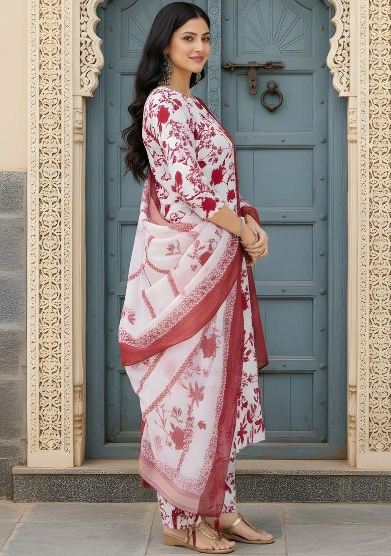 White Printed Silk Kurta Set - Indya