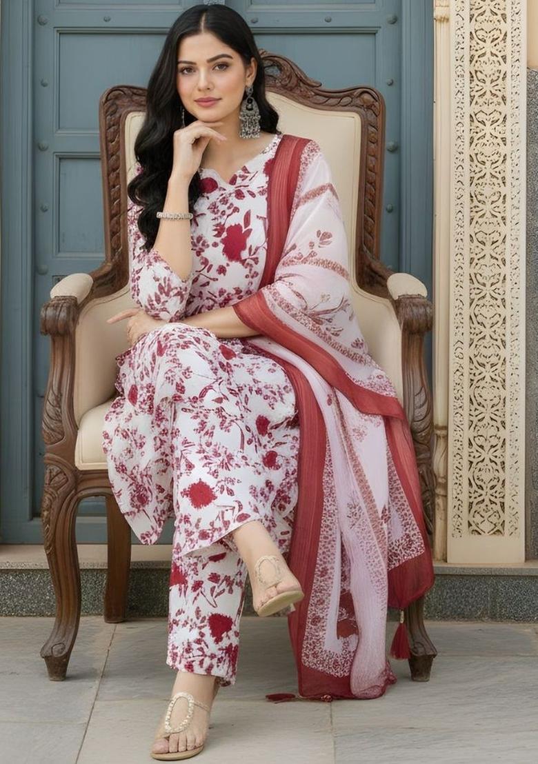 White Printed Silk Kurta Set - Indya