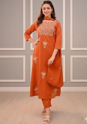 Orange Embroidered Cotton Kurta Set