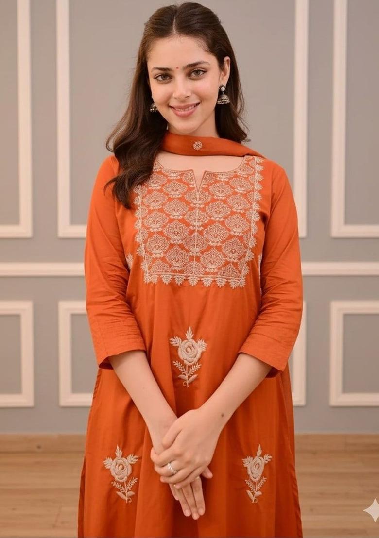 Orange Embroidered Cotton Kurta Set - Indya