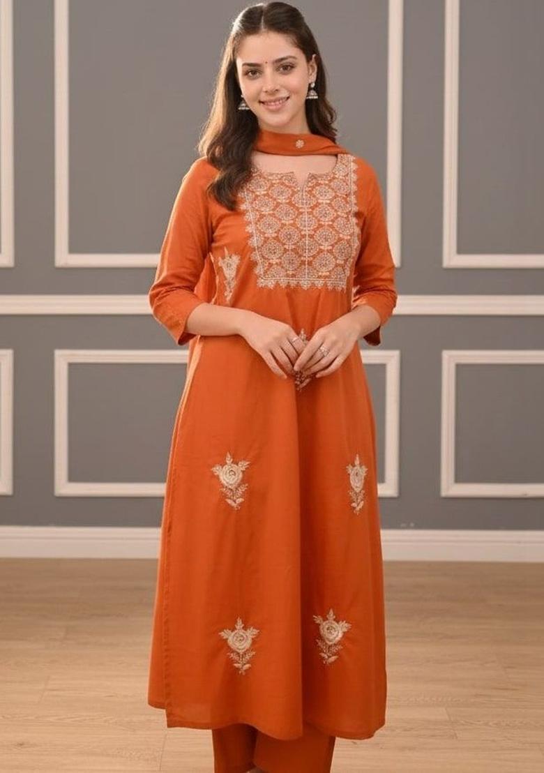 Orange Embroidered Cotton Kurta Set - Indya