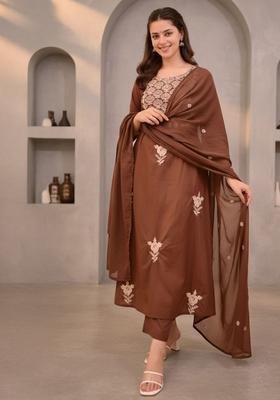 Brown Embroidered Cotton Kurta Set