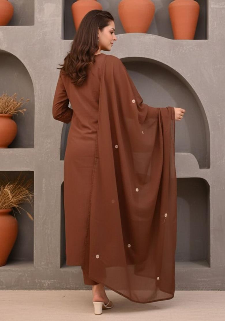 Brown Embroidered Cotton Kurta Set - Indya