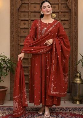 Rust Printed Viscose Kurta Set