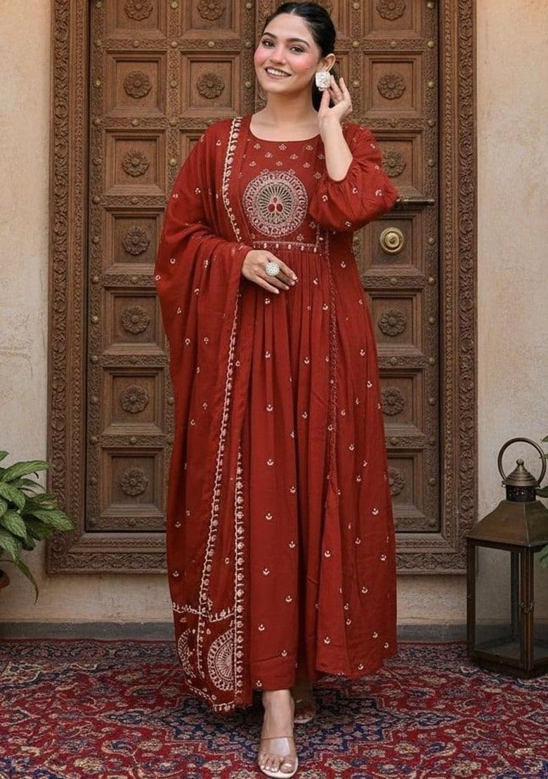 Rust Printed Viscose Kurta Set - Indya