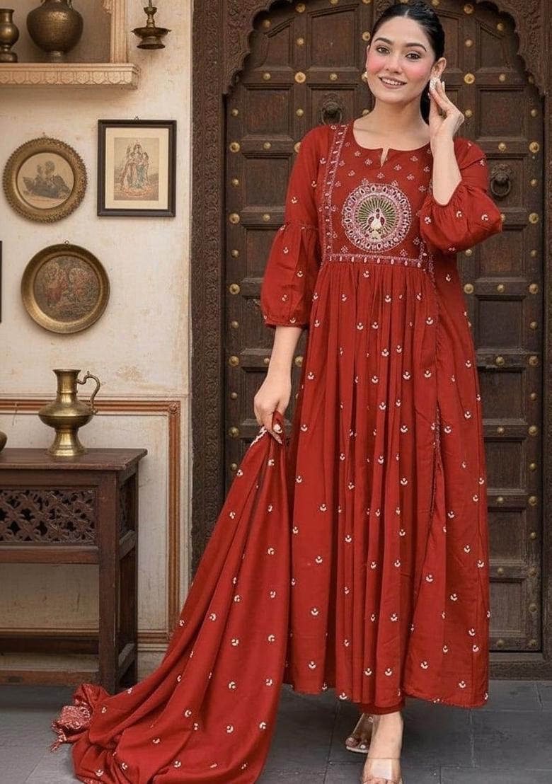 Rust Printed Viscose Kurta Set - Indya