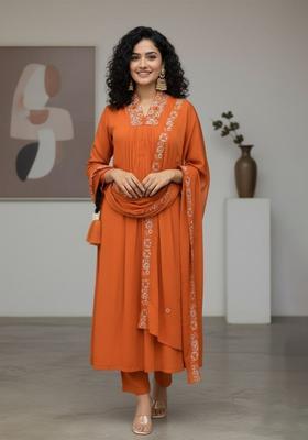 Orange Embroidered Viscose Kurta Set
