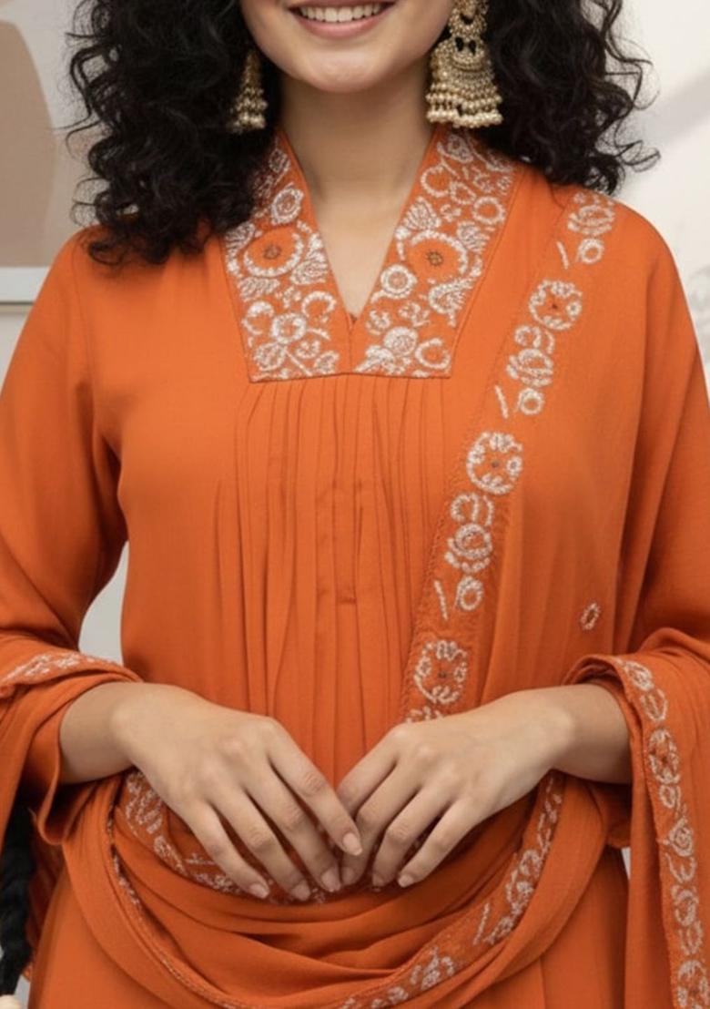 Orange Embroidered Viscose Kurta Set - Indya