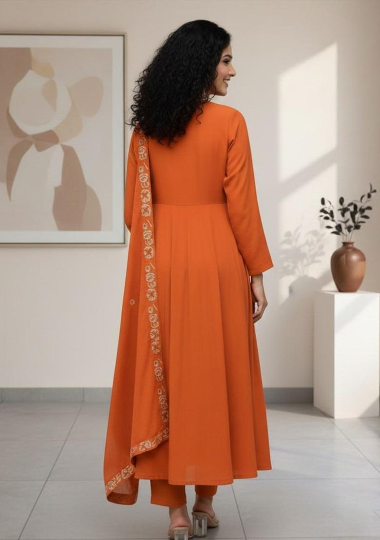 Orange Embroidered Viscose Kurta Set - Indya