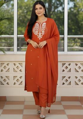 Rust Embroidered Silk Kurta Set
