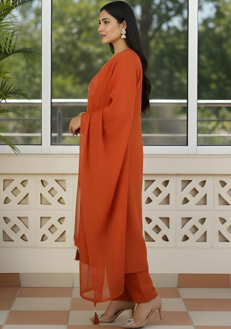 Rust Embroidered Silk Kurta Set - Indya