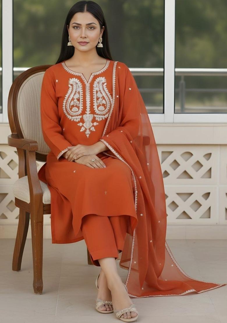 Rust Embroidered Silk Kurta Set - Indya