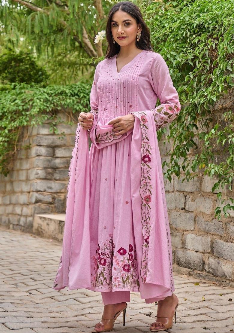 Pink Embroidered Silk Kurta Set - Indya