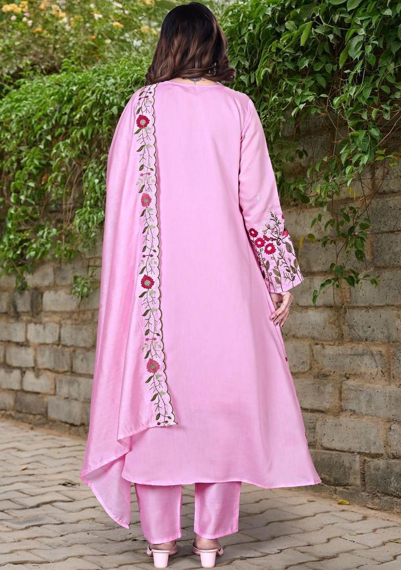 Pink Embroidered Silk Kurta Set - Indya